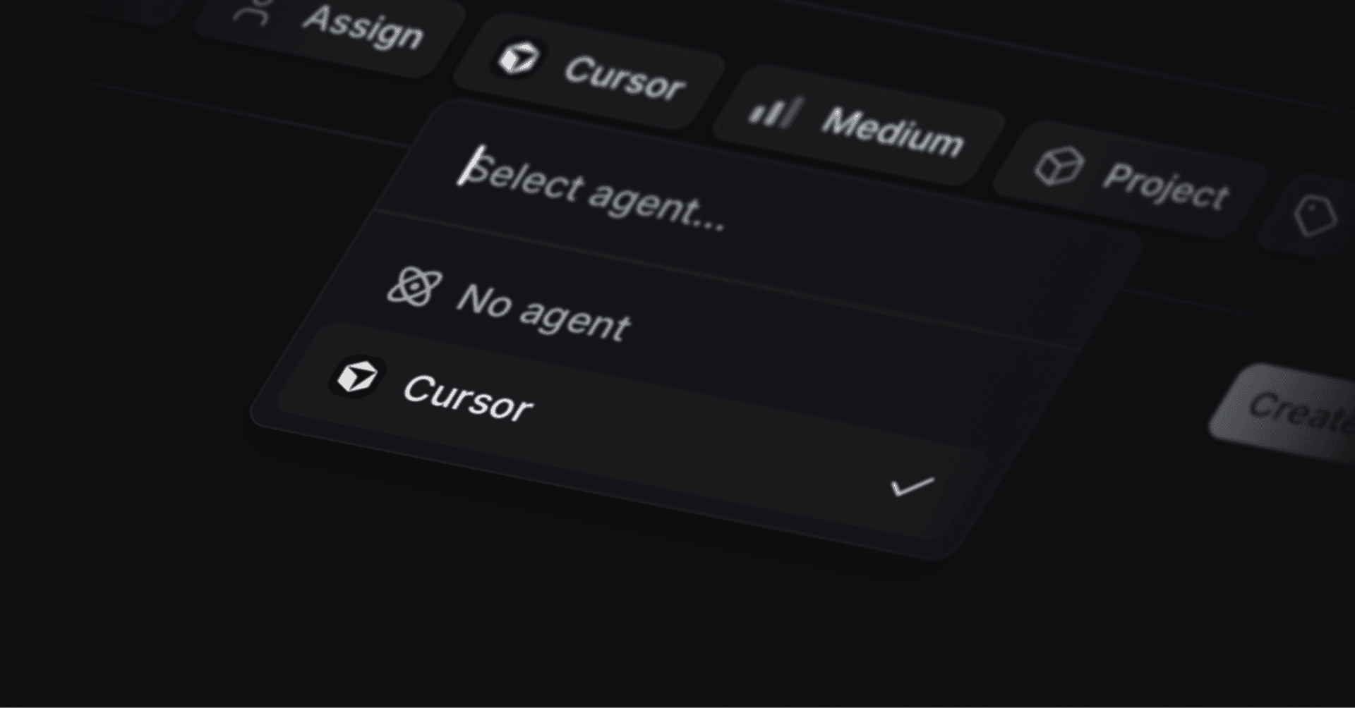Agent selector dropdown showing Cursor integration option